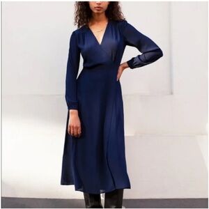 Aritzia Babaton Vermut Long Sleeve Navy Wrap Midi Length Dress Sz XS Party Boho